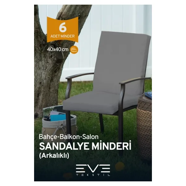 Bahçe - Salon - Balkon Arkalıklı Fermuarlı Bağlanabilir Yıkanabilir Sandalye Minderi 6 Adet