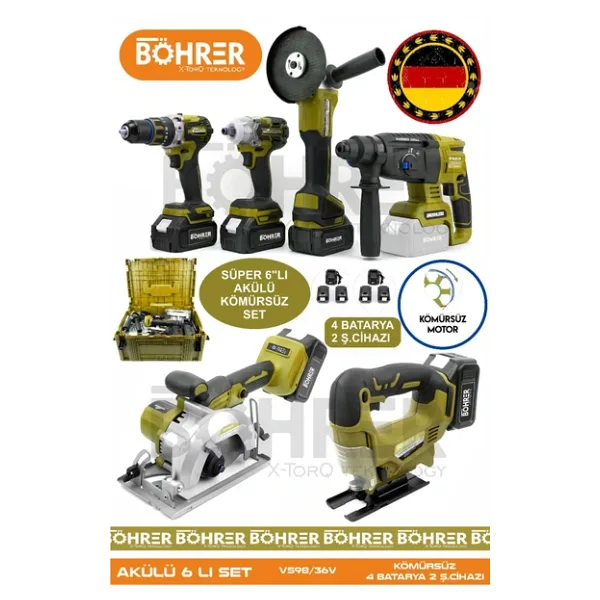 BÖHRER Alman 4 Akülü 2 Şarjlı Kömürsüz V598 5ah Profesyonel 6 Makine Kombo Set ,yellow