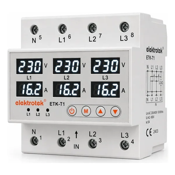 Elektrotek ETK-T1 Trifaze 3 Faz Gerilim Voltaj Akım Koruma Rölesi 63A Ayarlanabilir CE 5 Yıl Garanti - Beyaz