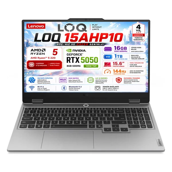 Lenovo LOQ 15AHP10 AMD Ryzen 5 220 16GB 1TB SSD RTX 5050 8GB (100W) 15.6" FHD IPS Panel 144Hz Freedos Taşınabilir Bilgisayar 83JG009TTR - 1 TB - 16 GB
