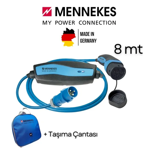 Mennekes Ev Tipi Elektrikli Araç Şarj Kablosu - 3,7kW - 8mt - Endüstriyel Priz Uyumlu - Tip2 Soketli - Taşınabilir Mobil Şarj Kablosu