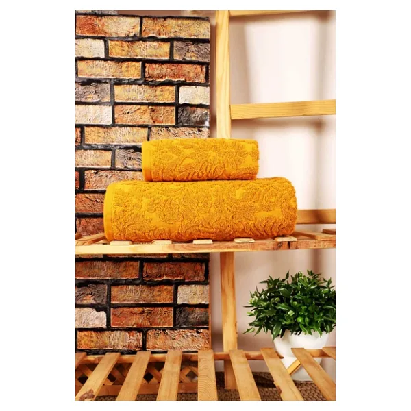 Mira Home 2 Parça Jakarlı Banyo Havlu Takımı Doku Desen Sarı
