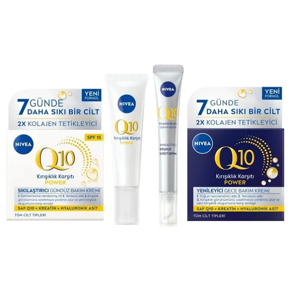 NIVEA Q10 4 Adımlı Kırışıklık Karşıtı Bakım Seti,Gündüz Kremi,Göz Kremi,Cilt Serumu ve Gece Kremi 50 ml
