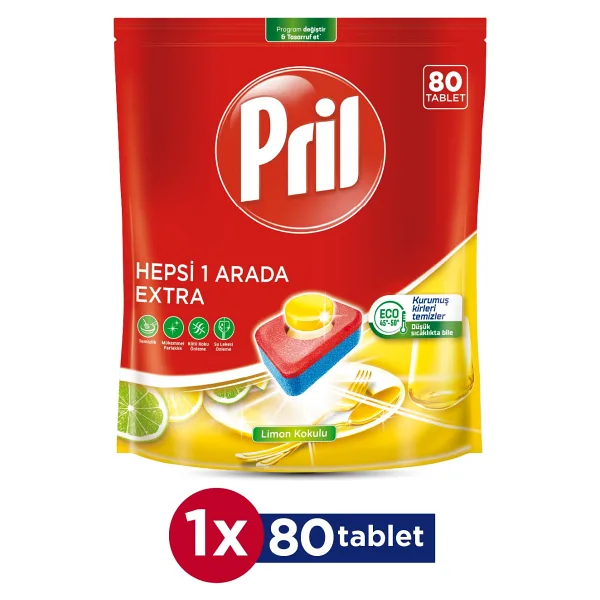 Pril Hepsi Bir Arada Extra Bulaşık Makinesi Tableti 80 Adet - Güçlü Temizlik, Parlaklık ve Leke Koruması