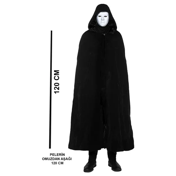 Siyah Kapüşonlu 120 Cm Pelerin Ve Beyaz Boyanabilir Tam Yüz Maske