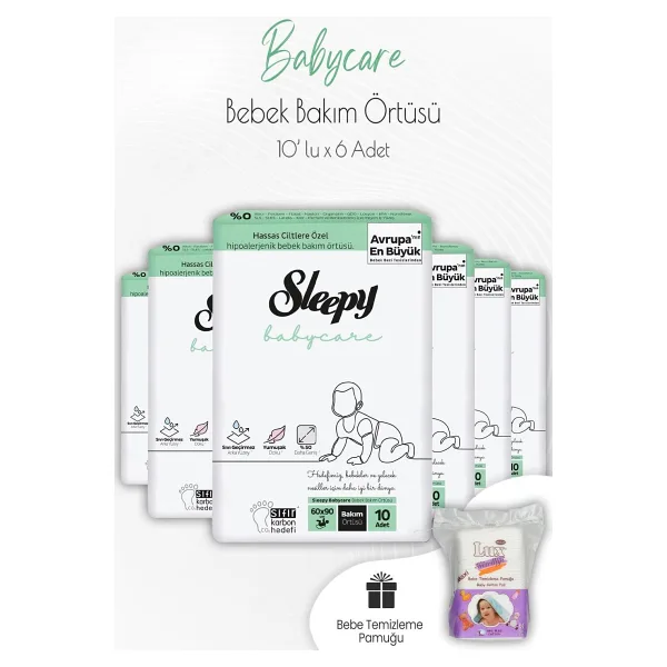 Sleepy Babycare Bebek Bakım Örtüsü 10'Lu X 6 Adet Ve Kare Bebek Pamuğu