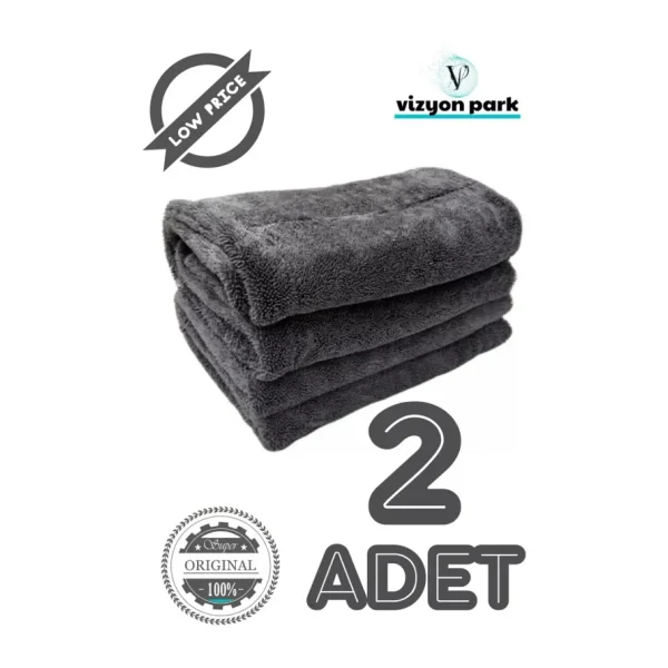 Vizyon Park 2 Adet Mikrofiber Kalın Süper Emici Çift Yüzlü Araç Kurulama Havlusu ve Cila Bezi 50 x 70 Cm- Gri