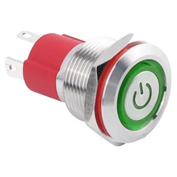 WD19D-P1-EC 19mm Düz Yaylı Işıklı Power Metal Buton - Yeşil