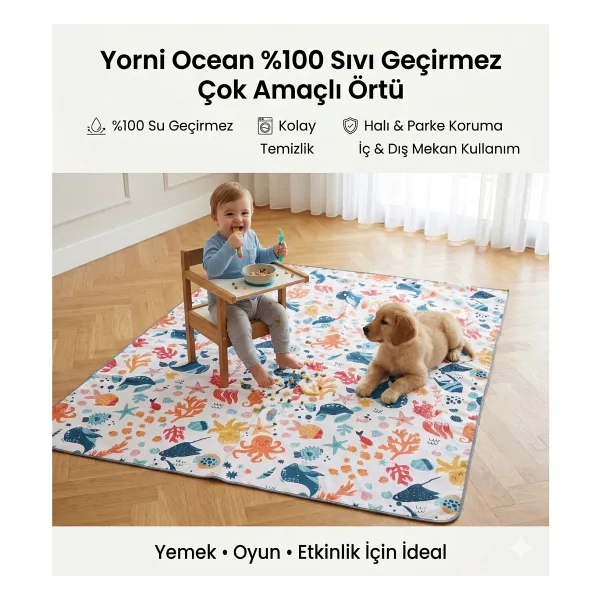 Yorni 145X250CM, Ocean, Sıvı Geçirmeyen Çok Amaçlı Aktivite Örtüsü; Yer, Masa ve Yatak Için, Makinede Yıkanabilir - Beyaz - 145 x 250 cm
