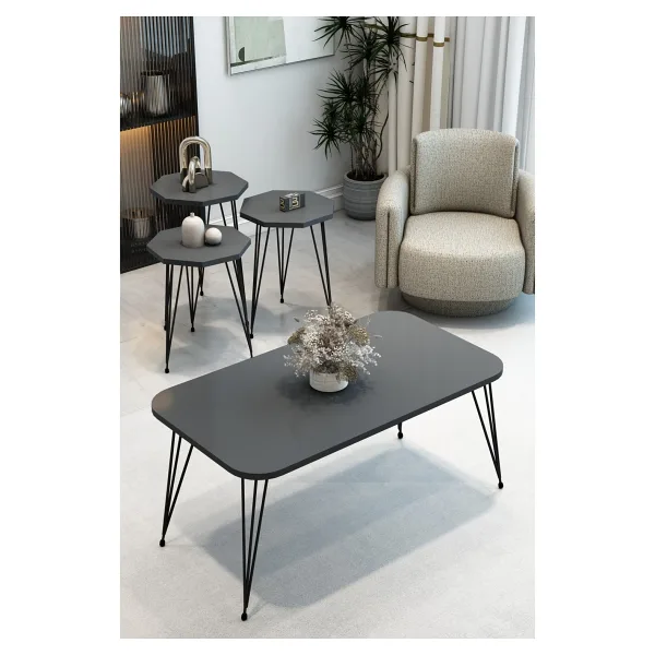 3'lü Sekizgen Zigon Sehpa ve Dikdörtgen Orta Sehpa Takımı Modern Siyah Metal Ayaklı Salon Sehpa Seti - Antrasit