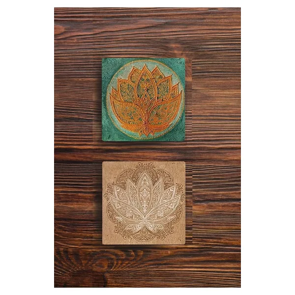 Begoloni Stone Decor Taş Bardak Altlığı Lotus, Yaşam Çiçeği Baskılı 2'li Set Stone Coasters
