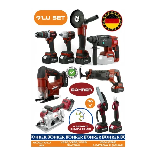 BÖHRER Alman 9 Makine Kombo Set Ba01083k 6 Akülü 2 Şarjlı Kömürsüz V598 5ah Profesyonel - Red Kirmizi
