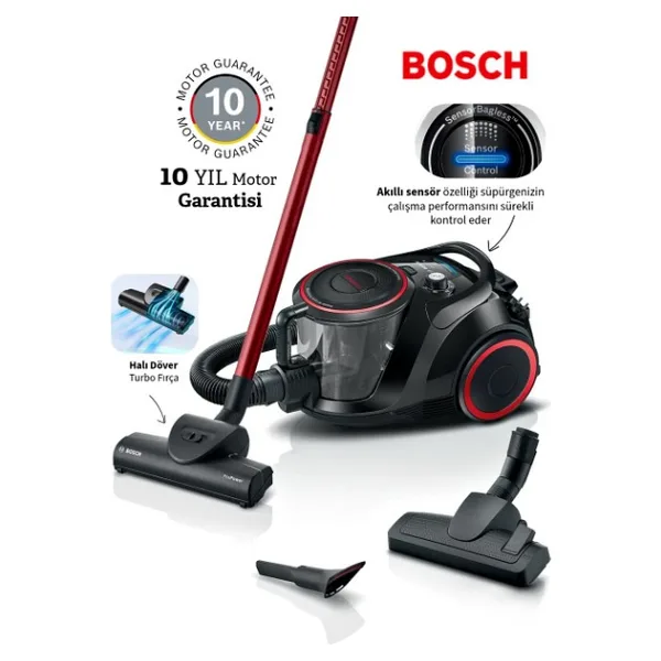 Bosch Serie 6 Toz Torbasız Süpürge Turbo Başlıklı Akıllı Sensör ile Filitre Temizliği Alman Mühendisliğiyle Hazırlanan Teknoloji 700W - Siyah - Kırmızı