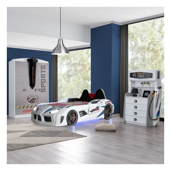 Çocuk Odası - Audi Koltuklu Arabalı Yatak, Sports 3 Kapılı Dolap, Şifonyer - Beyaz