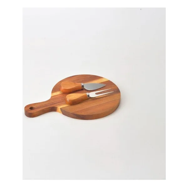 Deconox Doğal Akasya Peynir Sunum Tahtası ve Servis Seti - 25x17 cm Saplı Mini Kesme Tahtası, Yanında Özel Bambu Saplı Peynir Bıçağı ve Çatalı İle (3 Parça)