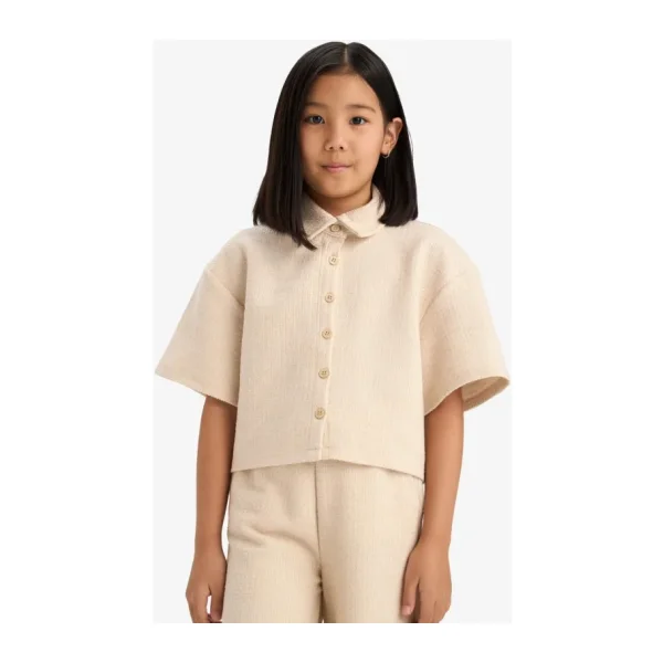 DeFacto Kız Çocuk Relax Fit Polo Yaka Basic Düz Selanik Kumaş Kısa Kollu Gömlek E1102A825SM - Bej-BG286 - 5 - 6 Yaş