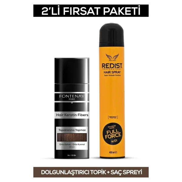 Fontenay Saç Dolgunlaştırıcı Keratin Fibers Açık Kahve Topik Saç Tozu 50Gr + Saç Spreyi 400Ml 2'Li Set
