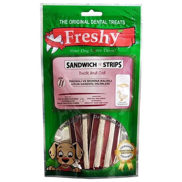 Freshy Sandwich Strips Ördekli ve Morina Balıklı 80 gr Köpek Ödül Maması