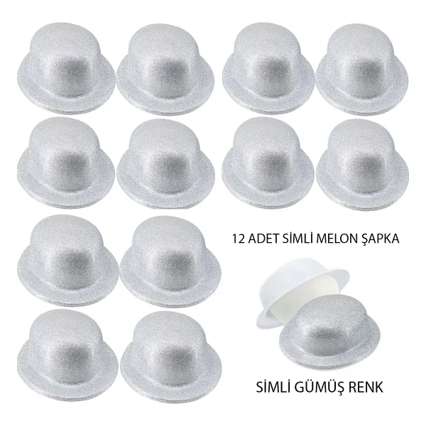 Gümüş Renk Simli Melon Yuvarlak Parti Şapkası 12 Adet