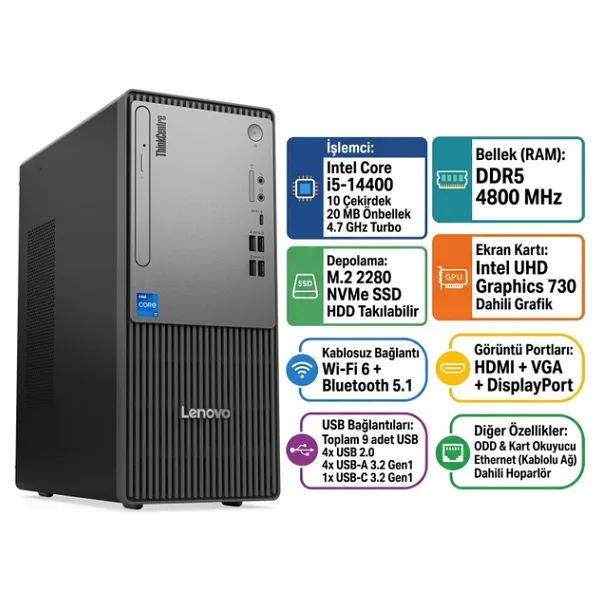 Lenovo ThinkCentre Neo 50T Gen 5 i5-14400 16GB 512GB SSD Windows 11 Pro Masaüstü Bilgisayar 12UD002CTR 008