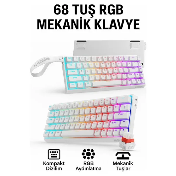 MAMBASNAKE 68 Tuş Red Switch RGB Mekanik Oyuncu Klavyesi - Hot Swapple, Renkli Aydınlatma Gaming Keyboard