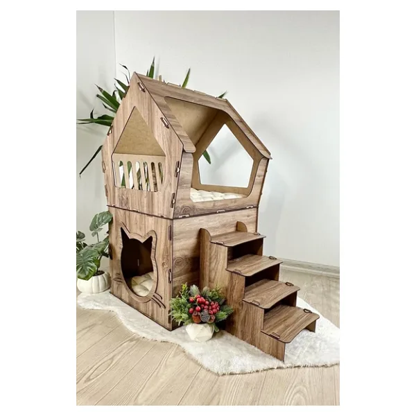 Mavitrend Ahşap Büyük Kedi Evi Xxl Açık Teraslı Model 5 kg Üstü Kediler Için Kahverengi Renk