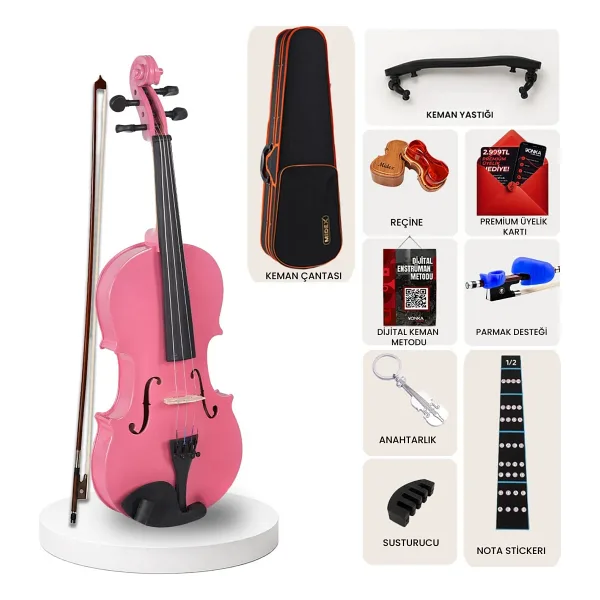 Midex HGA24PİNK-PAK Pembe 1/2 Çocuk Kemanı Seti (Yastık Tuner Susturucu Çanta Yay Reçine)