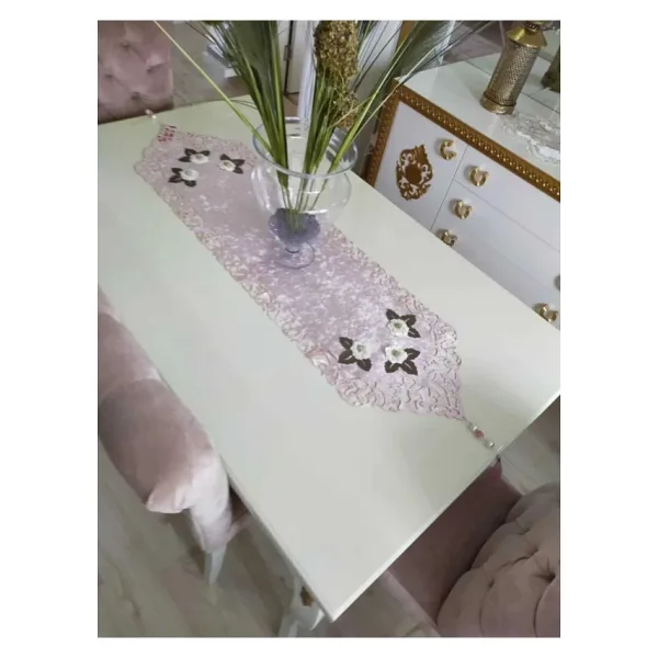 Mina Kadife Kumaş Lazer Kesim Çiçek Süslemeli Pudra Krem Runner 40X140 Cm 719
