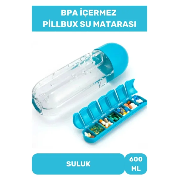 Özel Üretim Hap Bölmeli İlaç Saklama %100 BPA İçermez Su Matarası 600 Ml Suluk