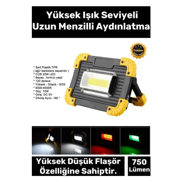 Premium 3 Mod Su Geçirmez 180 Derece Dönebilen 4400 Lityhum Pil 750 Lümen Powerbank Şarjlı Işıldak