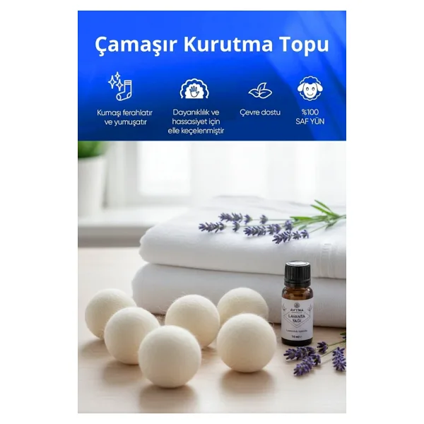 Reyo 6 Adet Çamaşır Yün Kurutma Topu + %100 Saf Lavanta Esansı