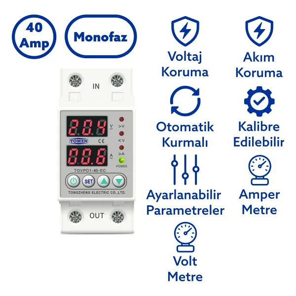 Tomzn Voltaj ve Akım Koruma Rölesi Yüksek Alçak Gerilim Koruyucu Monofaz 40A Elektrik Bekçisi