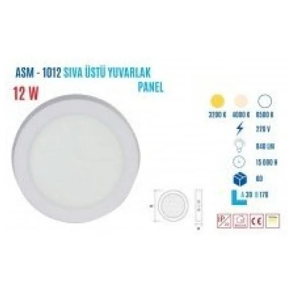 YCL ASM-1012G 12W Sıvaüstü Yuvarlak Günış LedPanel