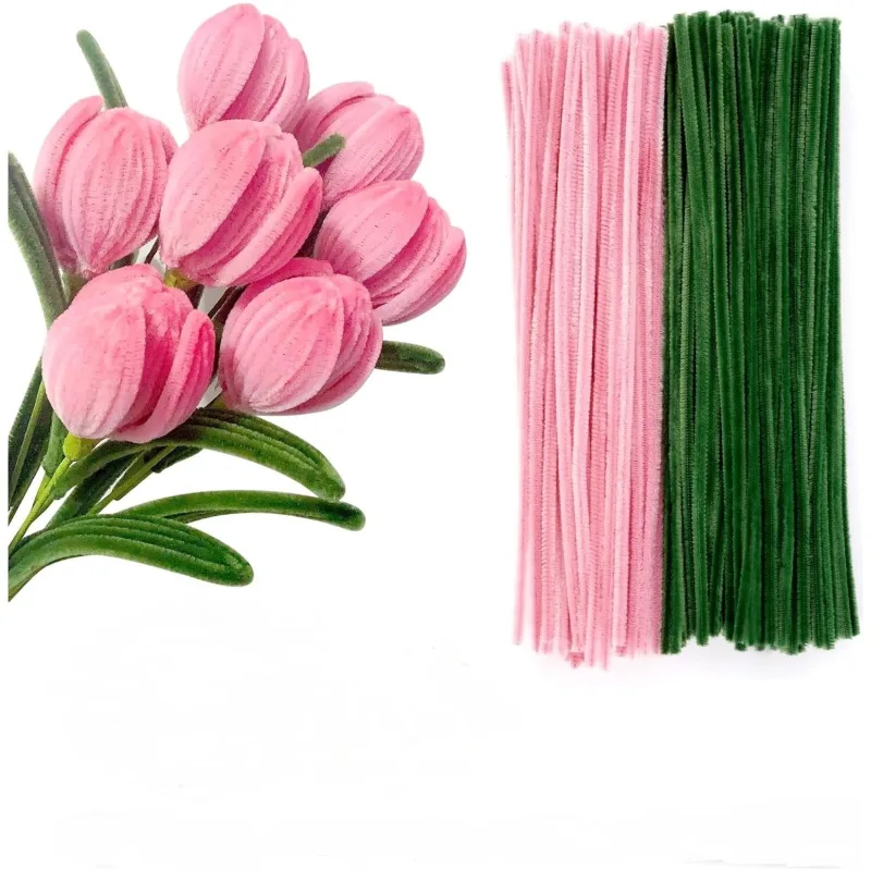 100 Adet Pembe Ve Koyu Yeşil Renkli Şönil , Çiçek Yapım Seti, Tüylü Tel, 30 Cm, Peluş Te