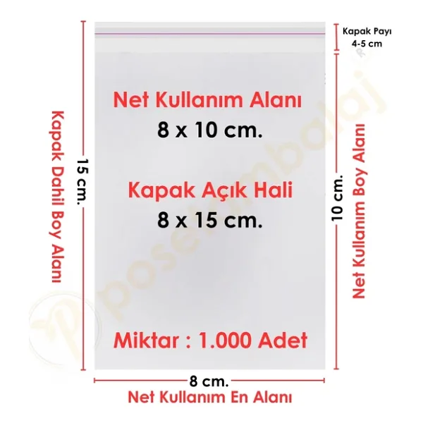 8x10+5 cm.(8x15) 1.000 Adet Şeffaf Bantlı Yapışkanlı Jelatin Poşet