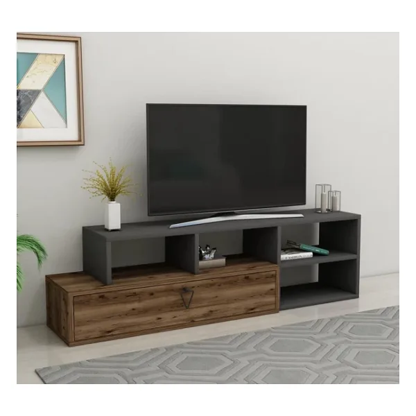Arnetti Duru Raflı Kapaklı Modern Tv Sehpası, Ceviz Antrasit - Duru - Antrasit - Ceviz
