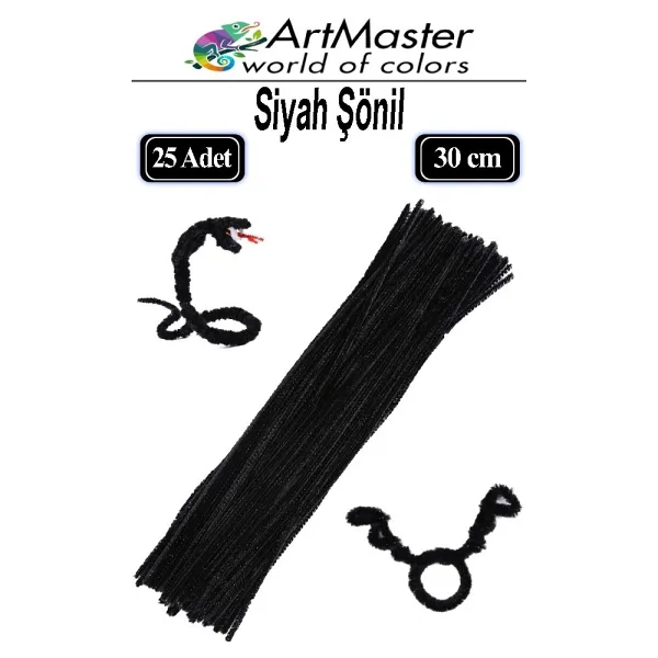 ArtMaster Şönil Siyah 30 cm 25 Li 1 Paket Renkli Tüylü Tel Şönil Pipo Temizleyici Okul Öncesi Anasınıfı Kreş Hobi Eğitici - Standart