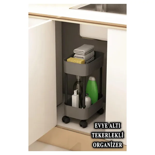 Çok Amaçlı 2 Katlı Banyo Dolabı, Evye Altı Düzenleyici Dolap Içi Tezgah Altı Tekerlekli Organizer - Deterjanlık, Dolap içi Raf