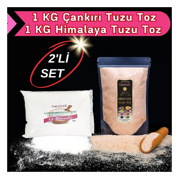 Hanzade Bitkisel Çankırı Tuzu 1 kg + Himalaya Tuzu 1 kg Toz Öğütülmüş Doğal Kaya Tuzu Seti - 2 kg