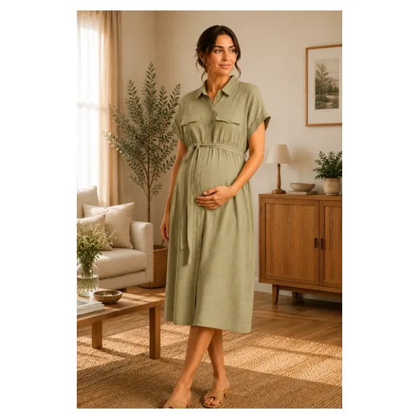 Luvmabelly Myra5863 - Doğal Müslin Yazlık Gömlek Hamile Elbise - Açık Yeşil