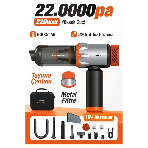 MATT MCV22 Şarjlı Araç Süpürgesi Kırmızı 22.000Pa Güçlü Vakumlu Mini Type-C Şarjlı 220ML