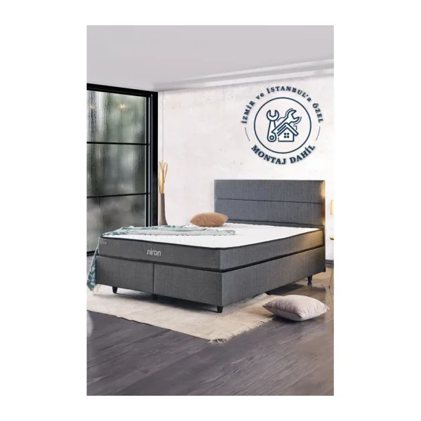 Niron Yatak Silver Çift Kişilik Yatak Seti 160x200 cm, Full Ortopedik Sert Yatak Kaydırmaz Kumaş Kaplı Metal Baza ve Başlık Takımı - Gri - 160 x 200 cm