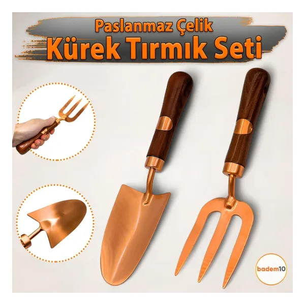 Paslanmaz 2'Li Bahçe Hobi Seti Kürek Dirgen Tırmık Ergonomik Ahşap Sap Tarla Balkon Sebze Çiçek Alet