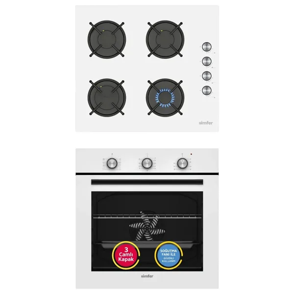 Simfer Ankastre Set Beyaz Cam Ocaklı Mekanik Power Turbo Fanlı 2'li Set (Fırın + Ocak)