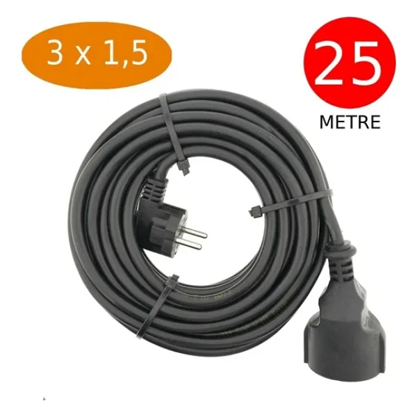 Tek-İş 25 Metre Uzatma Kablosu 3 x 1,5 mm Ttr Bakır Kablo Erkek Fiş Dişi Fiş Baskılı Seyyar Ara Kablo