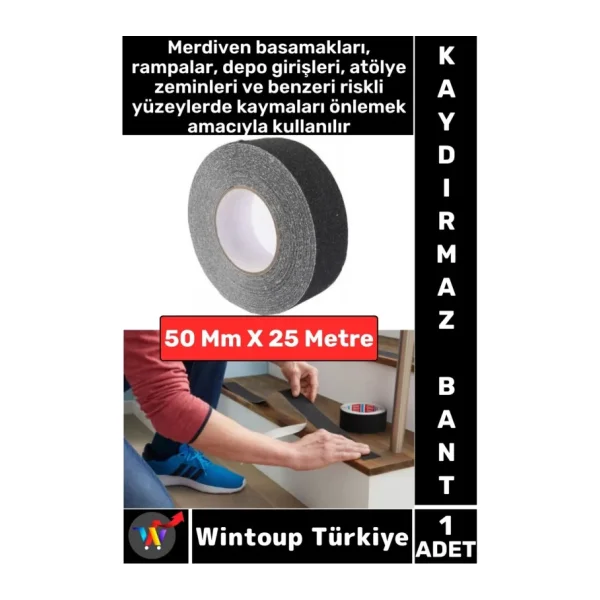 Ultra Güçlü Yapışkan Isg Iş Yeri Ev Depo Kaygan Zemin Merdiven Siyah Kaydırmaz Bant 50 mm x 25 Metre