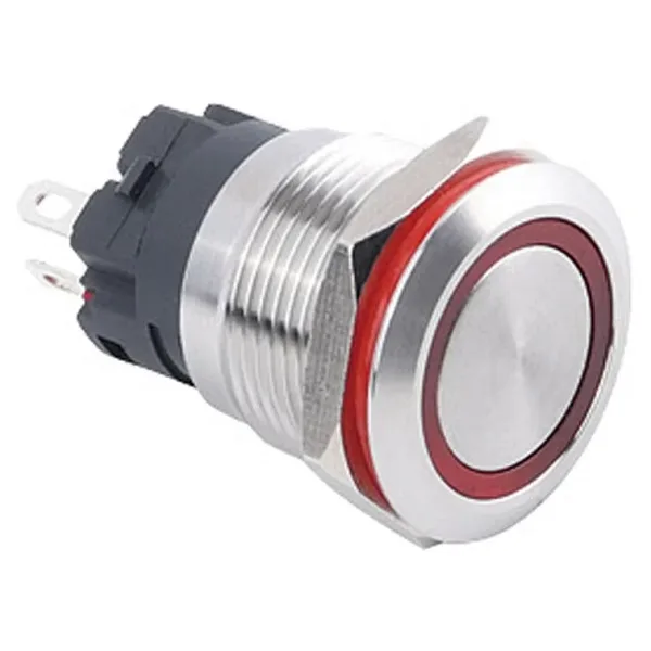 WD19A-P1-E 19mm Düz Yaylı Işıklı Metal Buton - Kırmızı