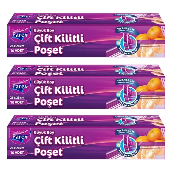 10'lu Çift Kilitli Buzdolabı Poşeti Büyük Boy 26 x 28 cm Üçlü Paket