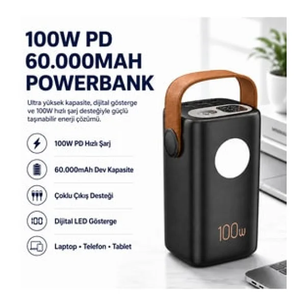 100W PD 60000mAh Ultra Yüksek Kapasiteli Çoklu Çıkışlı Dijital Göstergeli Hızlı Şarj Powerbank