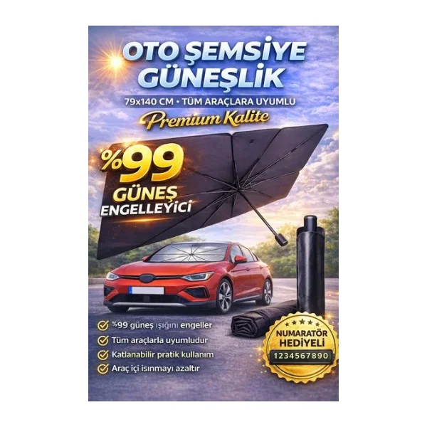 79x14 cm Oto Şemsiye Güneşlik Tüm Araçlara Uyumlu Ön Cam Güneşlik Numaratör Hediyeli